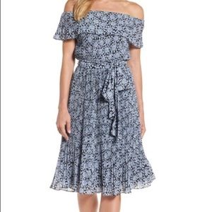 Michael Kors Midi Pleated Off-The-Shoulder Dress in Yellow